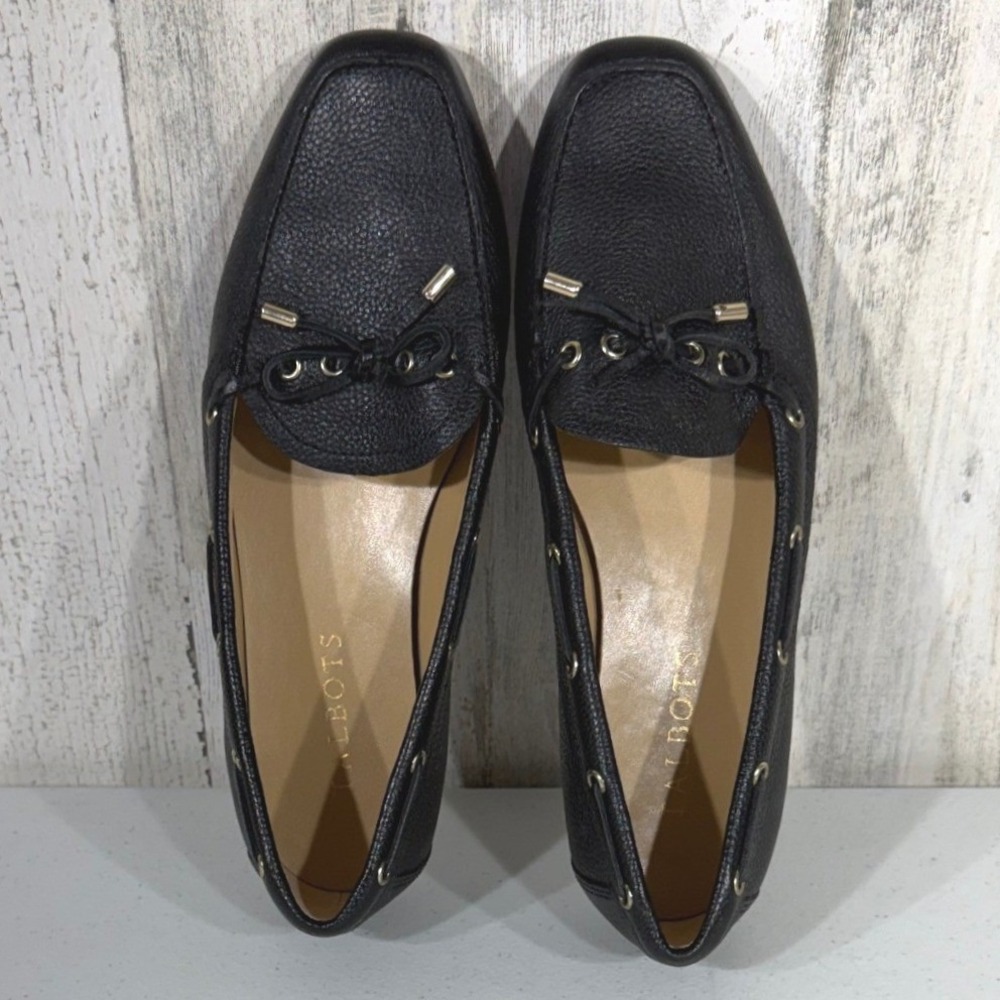 Talbots Driving Moccasins‎ Loafer 7M Black Pebbled Leather Bow Tie FLAW READ